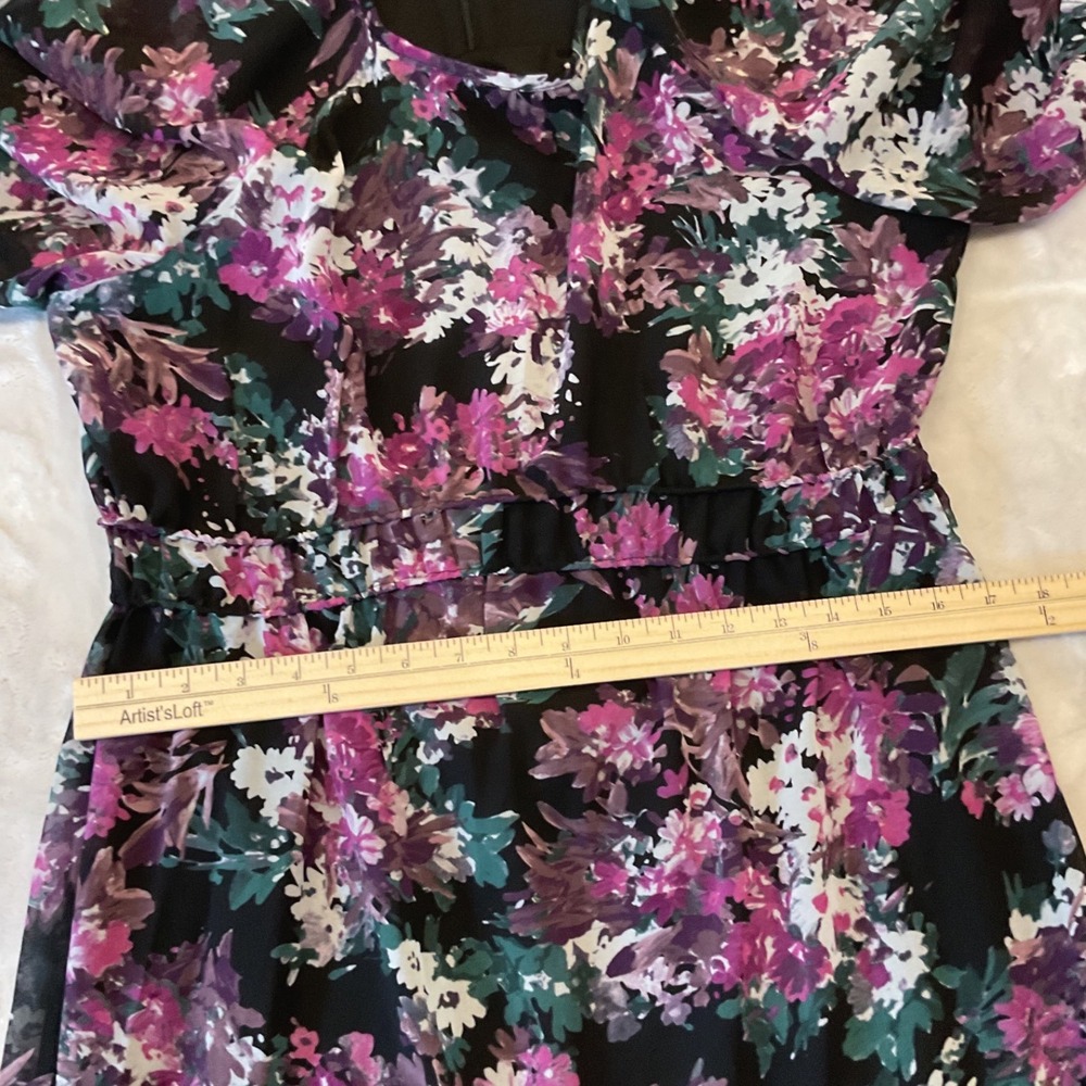 Taylor Floral Maxi Dress Purple Black Flutter Sleeve Smocked Waist Size 12 NEW - Picture 13 of 14